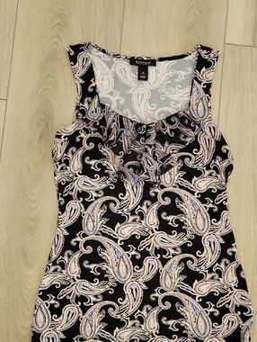 White House Black Market Black Paisley Ruffle Tank with Cream and Blue Accents